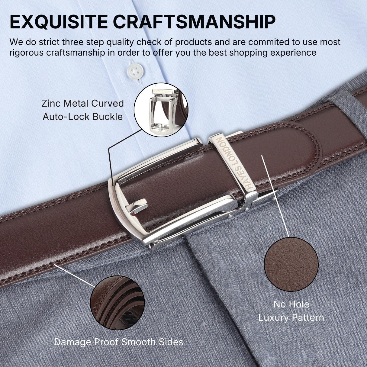 Hayes London | Vanguard Silver Auto-Lock No-Hole Genuine Leather Belt for Men – Micro-Adjustable Smart Ratchet Belt for Formal, Office & Business Wear(Plain Brown)