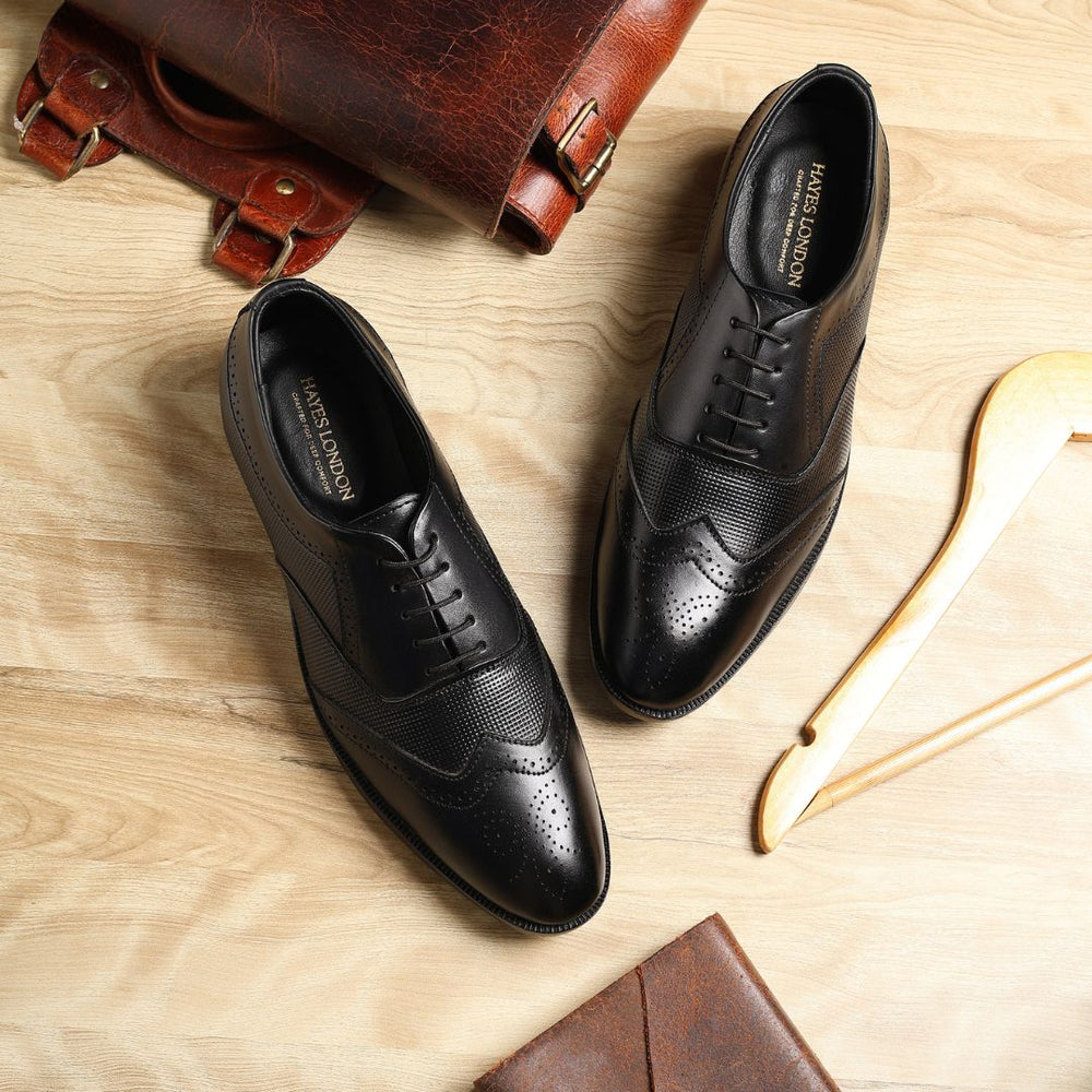 Hayes London | Monarch Wingtip Brogues – Black Perforated Genuine Leather Men’s Shoes