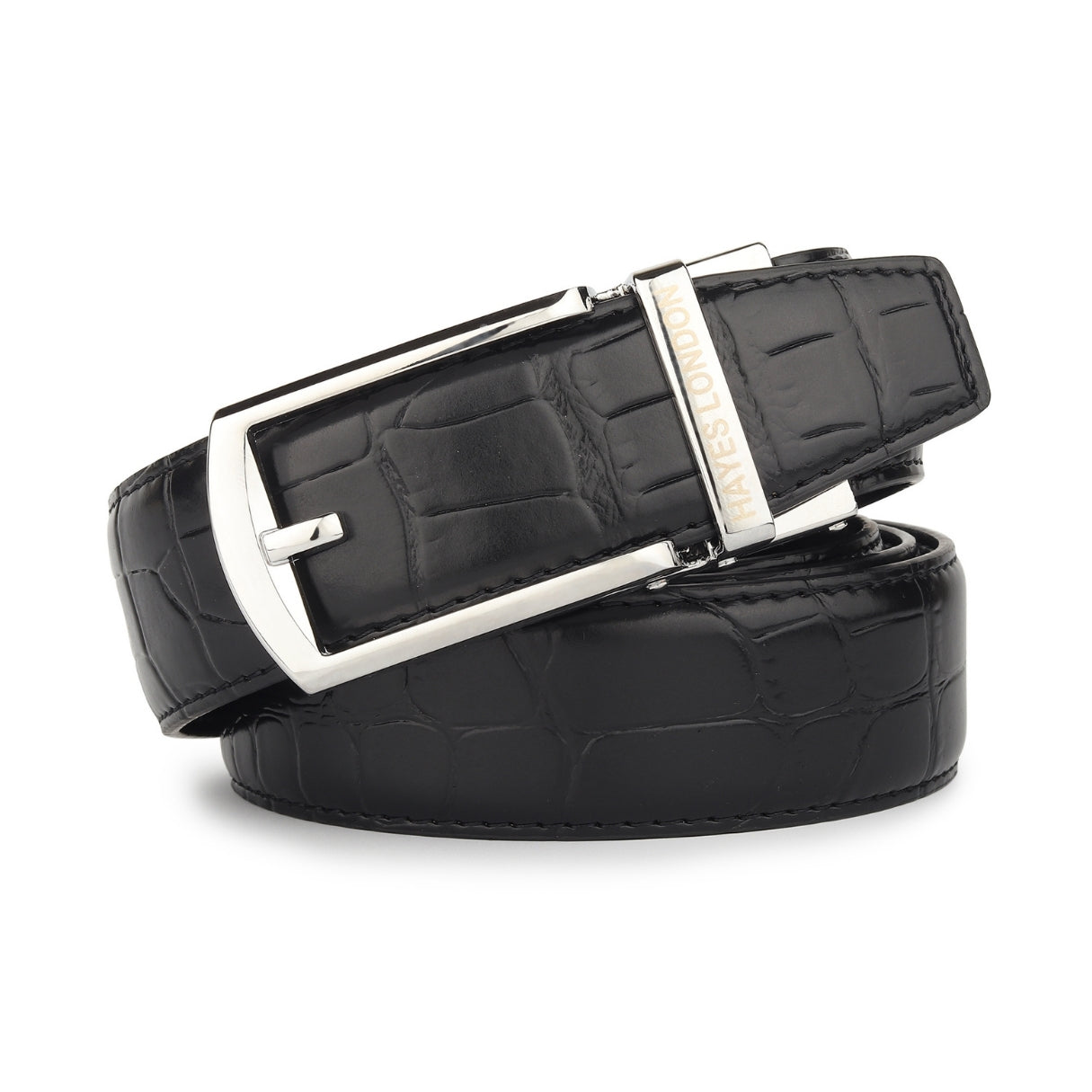 Hayes London | Sparta Silver Auto-Lock No-Hole Genuine Leather Belt for Men – Micro-Adjustable Smart Ratchet Belt for Formal & Business Wear (Textured Black)