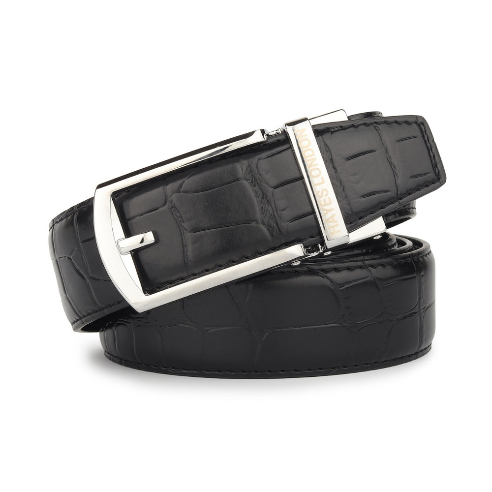 Hayes London | Sparta Silver Auto-Lock No-Hole Genuine Leather Belt for Men – Micro-Adjustable Smart Ratchet Belt for Formal & Business Wear (Textured Black)