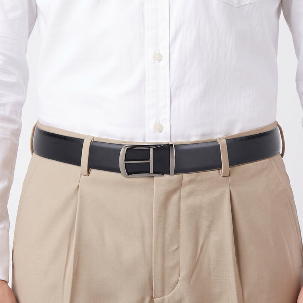 Cronos Plain Black & Brown Italian Leather Reversible Belt for Men – Grey Buckle