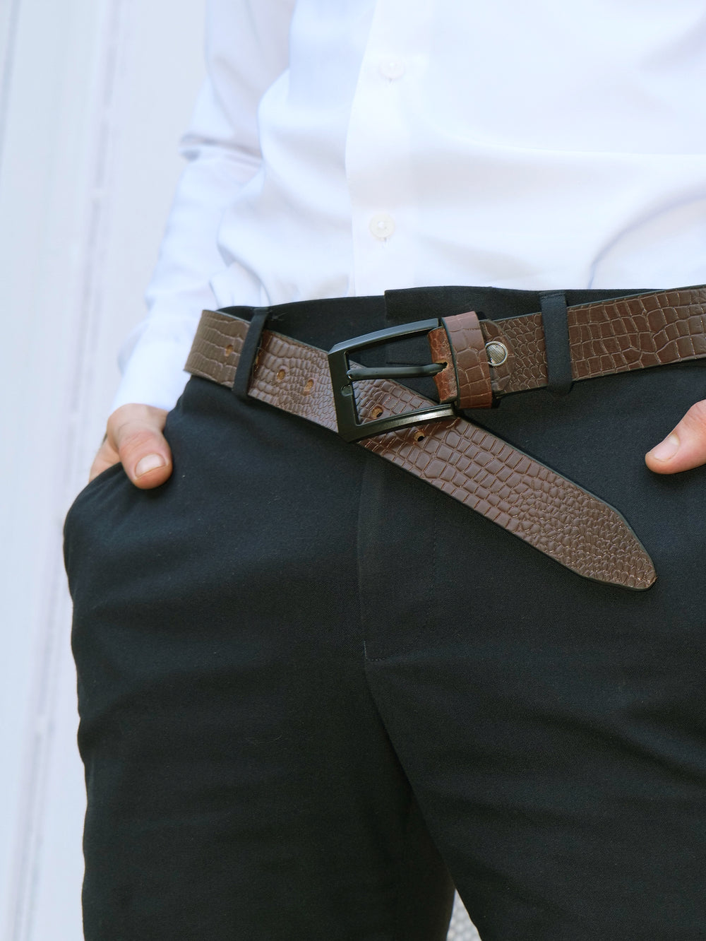 Hayes London | Brown Croco Pattern Genuine Leather Men's Belt (Leather Texture: Croco Pattern & Buckle Color: Black)
