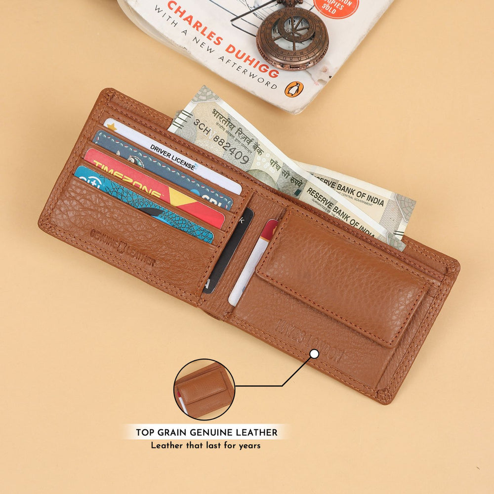 Signature Tan Genuine Leather Textured Wallet for Men RFID Blocking, Slim Bifold Wallet with Compartments