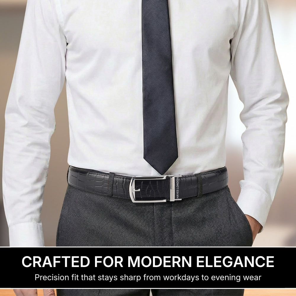 Hayes London | Sparta Silver Auto-Lock No-Hole Genuine Leather Belt for Men – Micro-Adjustable Smart Ratchet Belt for Formal & Business Wear (Textured Black)