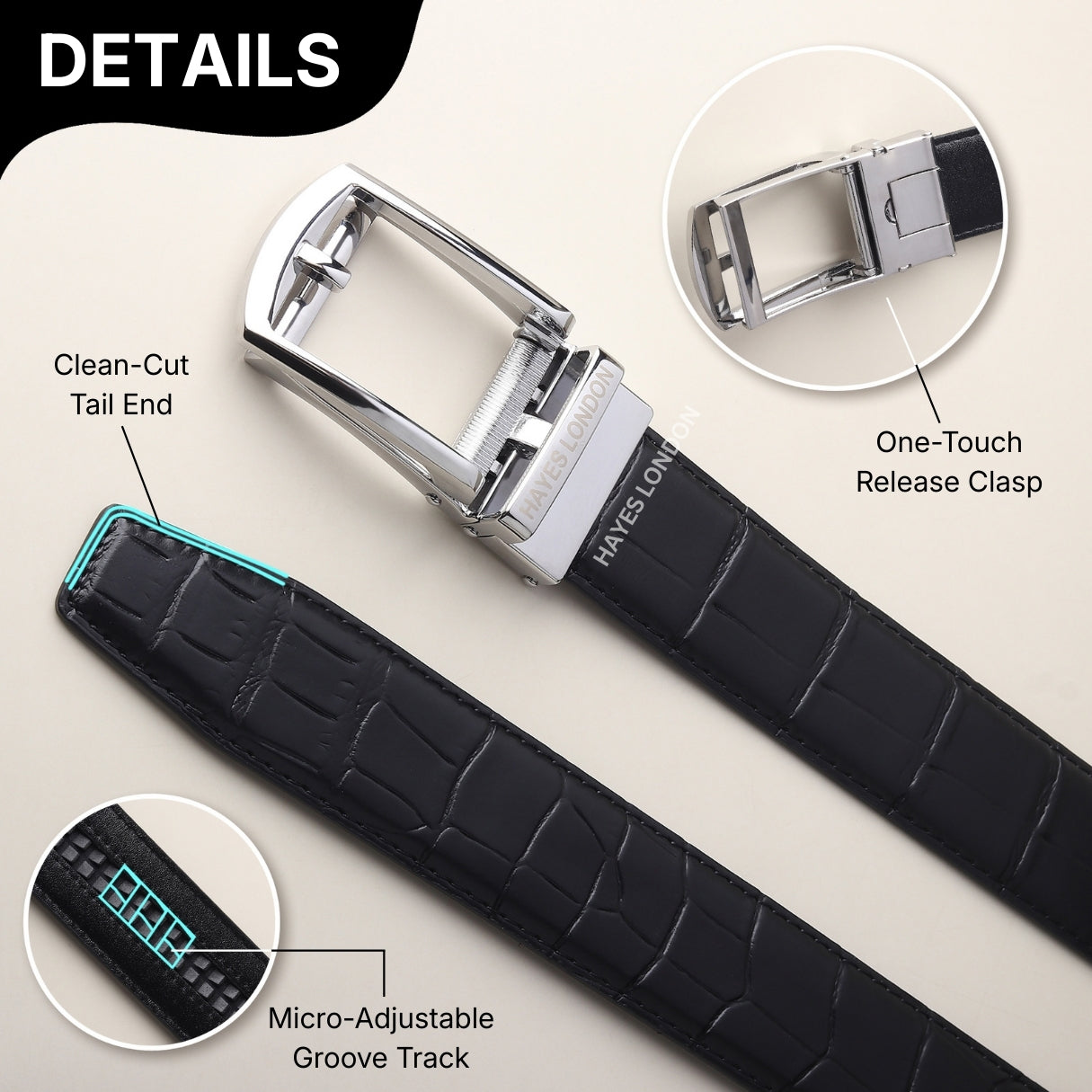 Hayes London | Sparta Silver Auto-Lock No-Hole Genuine Leather Belt for Men – Micro-Adjustable Smart Ratchet Belt for Formal & Business Wear (Textured Black)