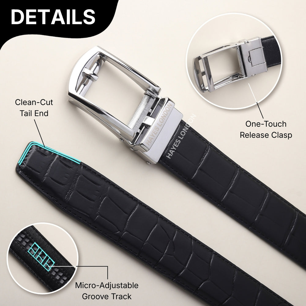 Hayes London | Sparta Silver Auto-Lock No-Hole Genuine Leather Belt for Men – Micro-Adjustable Smart Ratchet Belt for Formal & Business Wear (Textured Black)