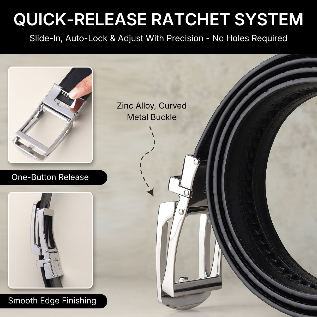 Hayes London | Sparta Silver Auto-Lock No-Hole Genuine Leather Belt for Men – Micro-Adjustable Smart Ratchet Belt for Formal & Business Wear (Textured Black)