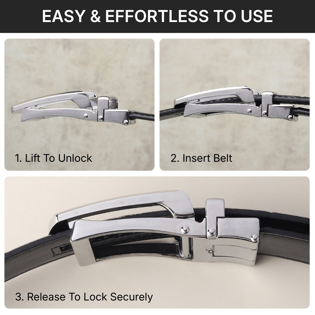 Hayes London | Sparta Silver Auto-Lock No-Hole Genuine Leather Belt for Men – Micro-Adjustable Smart Ratchet Belt for Formal & Business Wear (Textured Black)