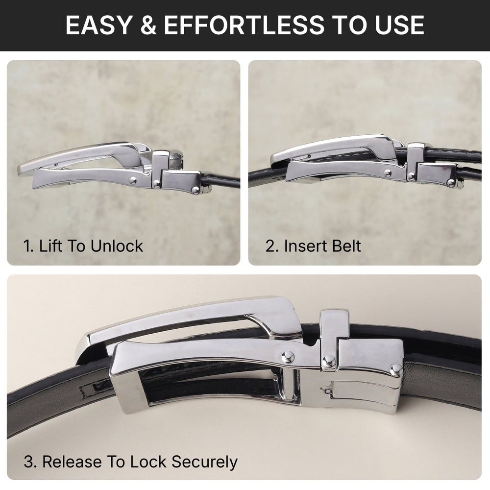 Hayes London | Sparta Silver Auto-Lock No-Hole Genuine Leather Belt for Men – Micro-Adjustable Smart Ratchet Belt for Formal & Business Wear (Textured Black)
