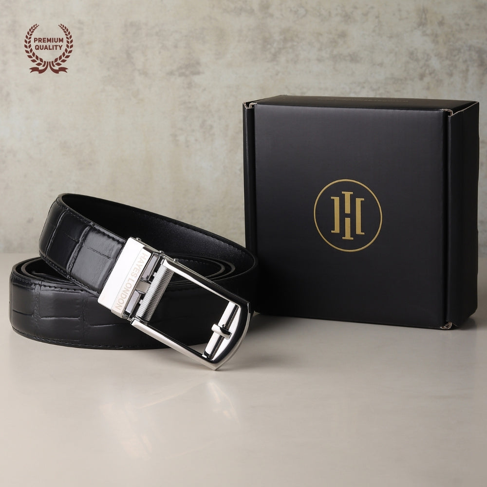 Hayes London | Sparta Silver Auto-Lock No-Hole Genuine Leather Belt for Men – Micro-Adjustable Smart Ratchet Belt for Formal & Business Wear (Textured Black)