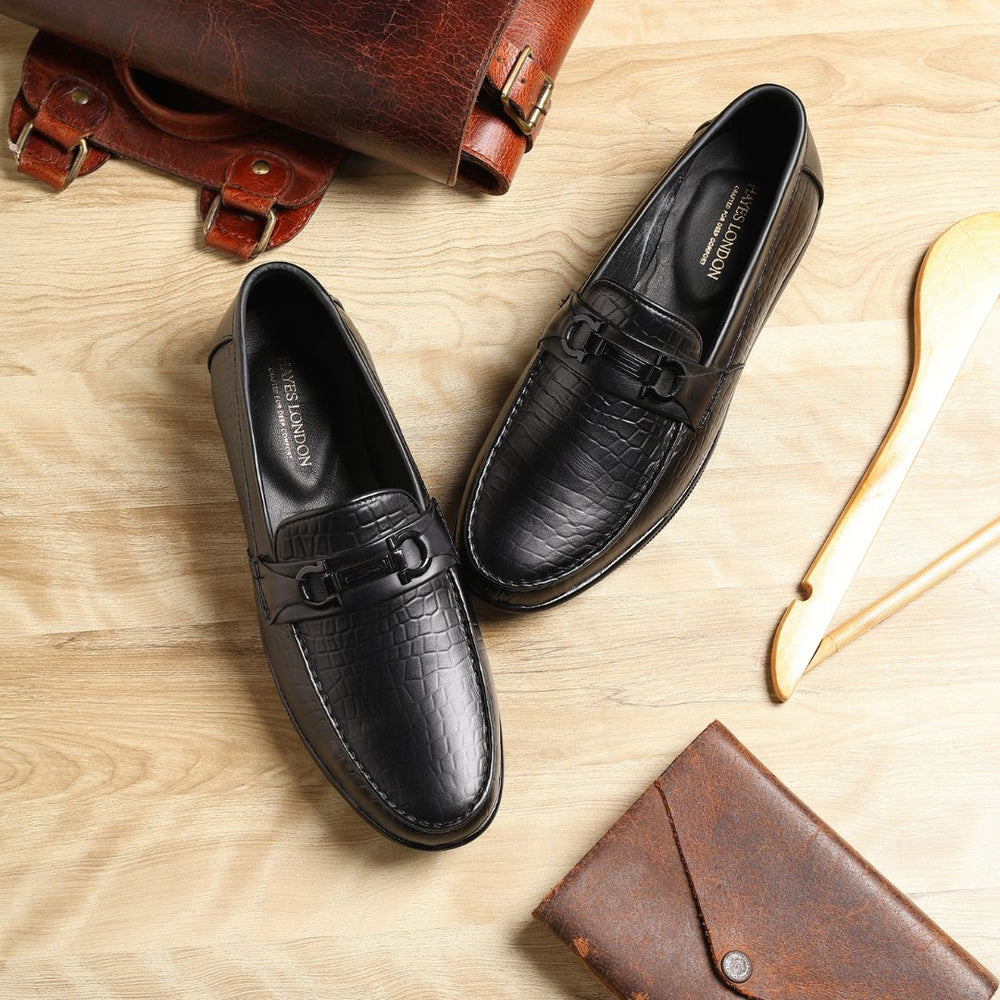 Hayes London | Jaxon Horsebit Loafers – Black Croco Genuine Leather Men’s Shoes
