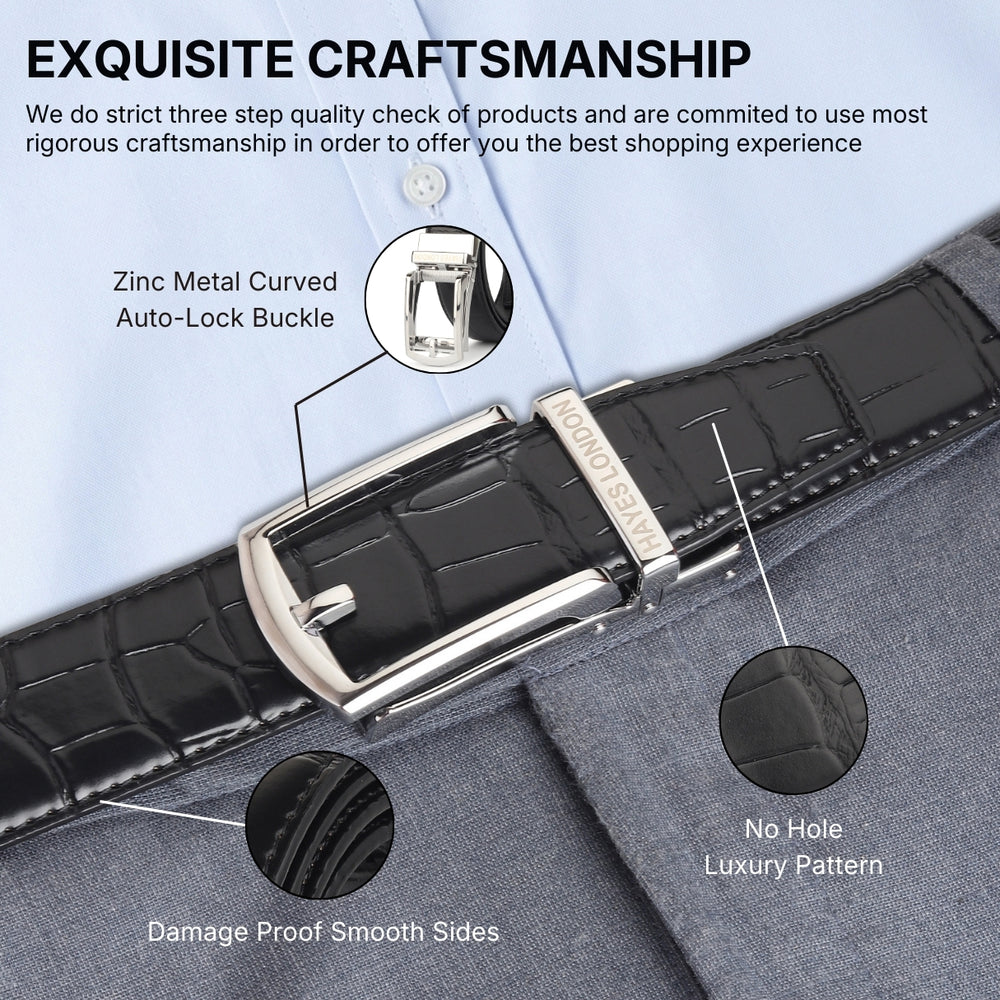 Hayes London | Sparta Silver Auto-Lock No-Hole Genuine Leather Belt for Men – Micro-Adjustable Smart Ratchet Belt for Formal & Business Wear (Textured Black)