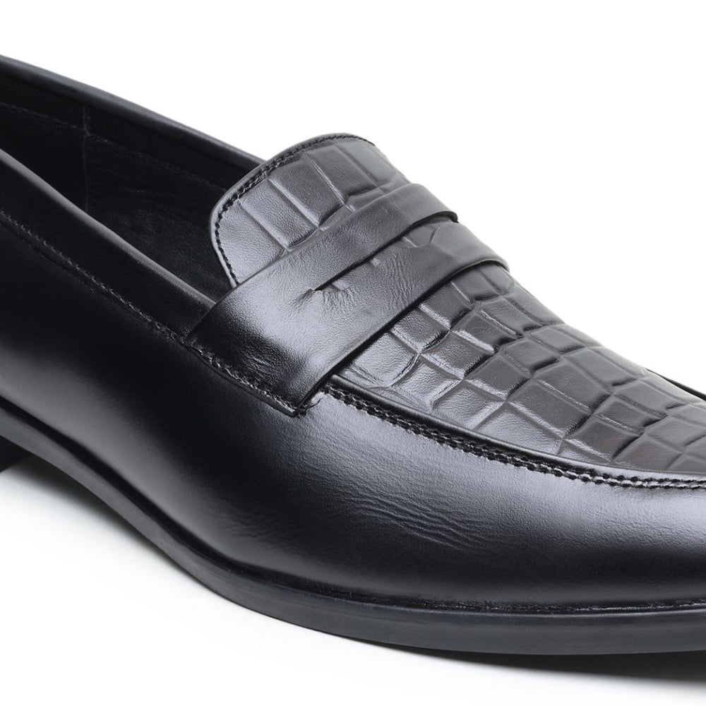 Hayes London | Milan Black Formal Penny Loafers for Men – Genuine Leather Croco Slip-On Shoes for Office & Party Wear