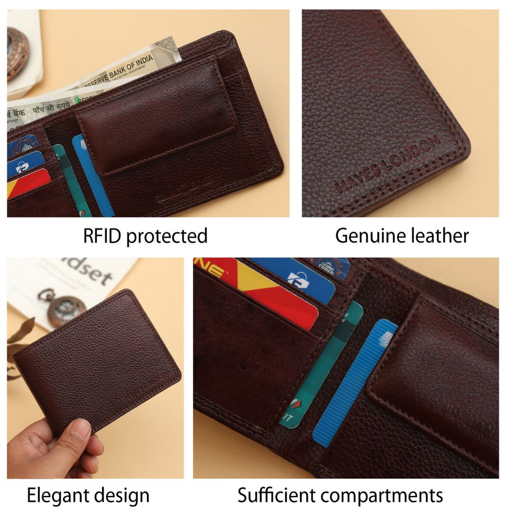 Hayes London | Signature Brown Genuine Leather Textured Wallet for Men - RFID Blocking, Slim Bifold Wallet with 8 Compartments