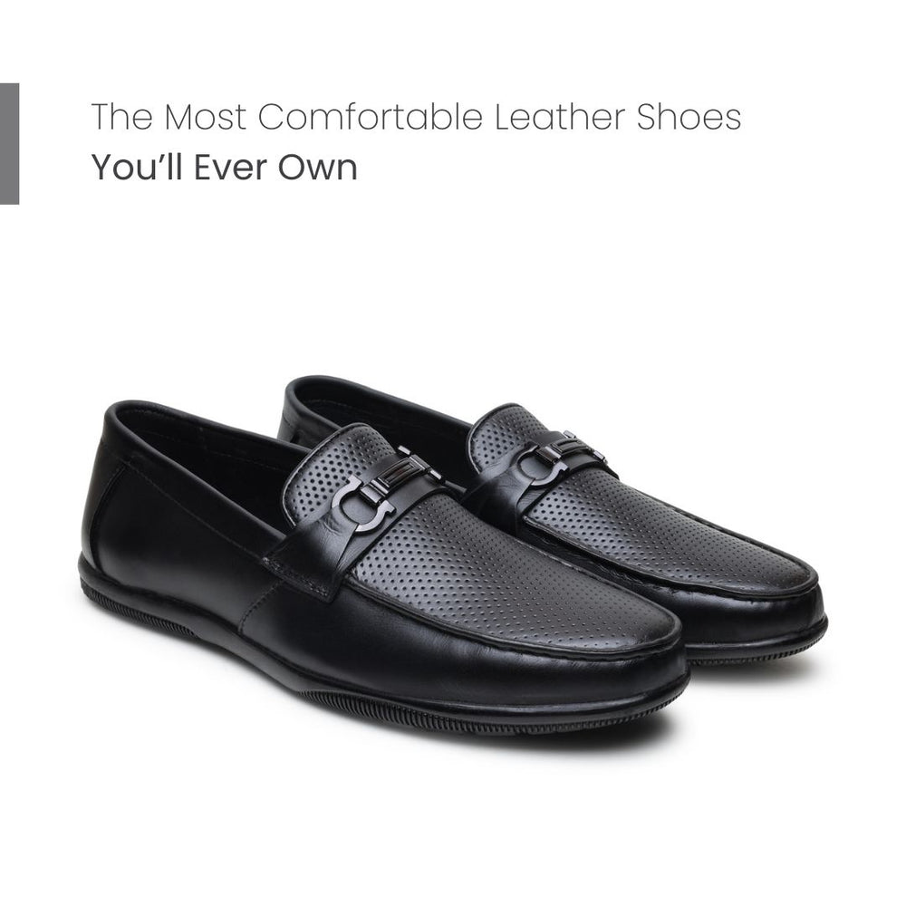 Hayes London | Dune Horsebit Loafers – Black Perforated Genuine Leather Men’s Shoes