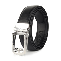 Hayes London | Vanguard Silver Auto-Lock No-Hole Genuine Leather Belt for Men – Micro-Adjustable Smart Ratchet Belt for Formal & Business Wear (Plain Black)
