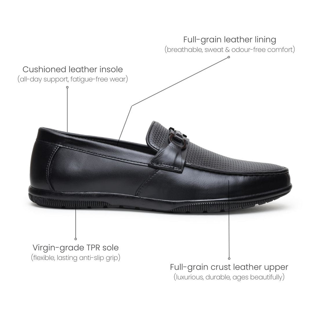 Hayes London | Dune Horsebit Loafers – Black Perforated Genuine Leather Men’s Shoes