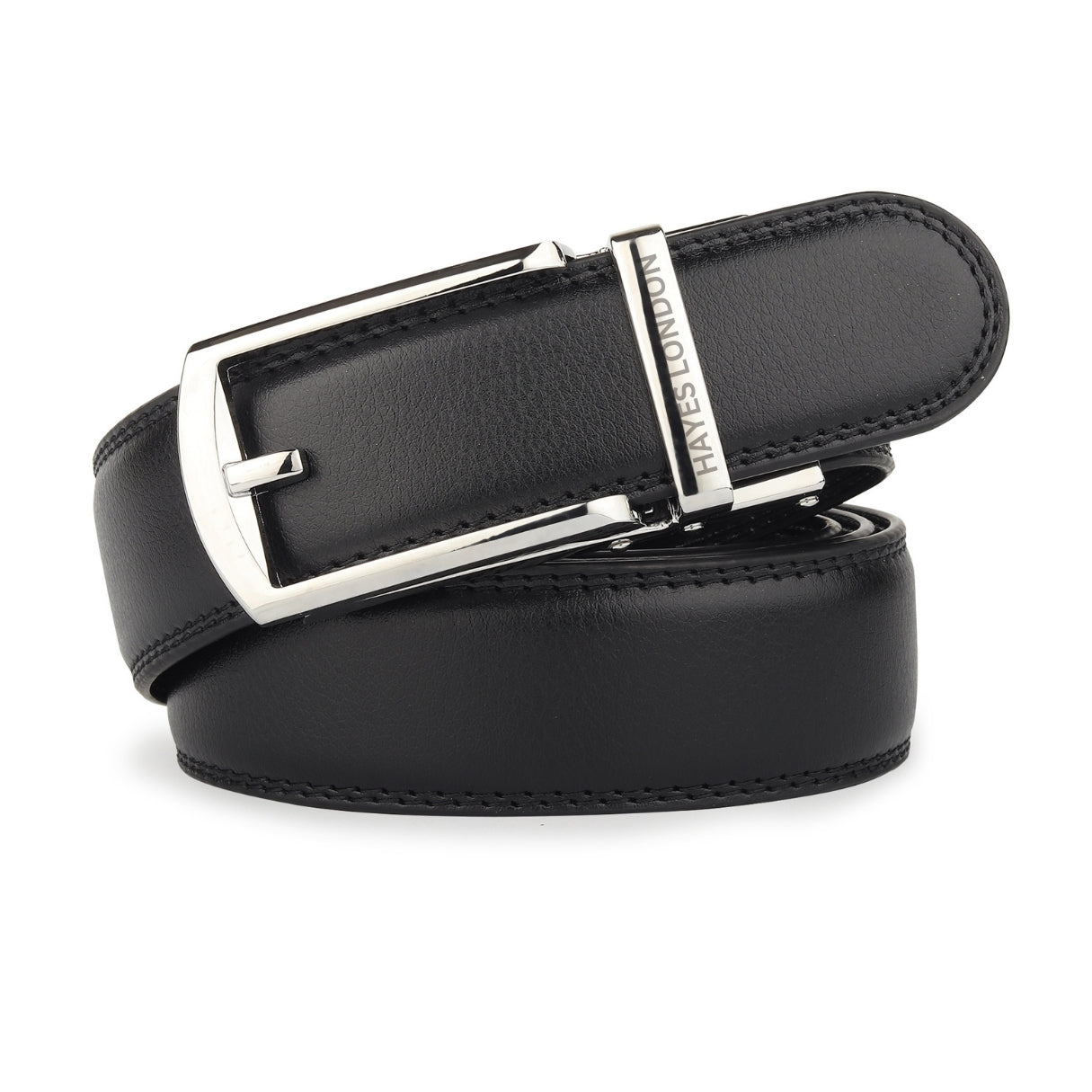 Hayes London | Vanguard Silver Auto-Lock No-Hole Genuine Leather Belt for Men – Micro-Adjustable Smart Ratchet Belt for Formal & Business Wear (Plain Black)