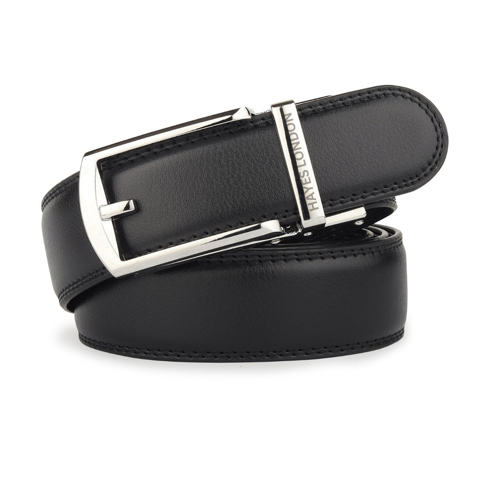 Hayes London | Vanguard Silver Auto-Lock No-Hole Genuine Leather Belt for Men – Micro-Adjustable Smart Ratchet Belt for Formal & Business Wear (Plain Black)
