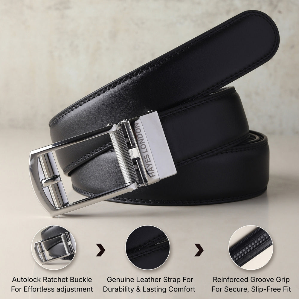 Hayes London | Vanguard Silver Auto-Lock No-Hole Genuine Leather Belt for Men – Micro-Adjustable Smart Ratchet Belt for Formal & Business Wear (Plain Black)