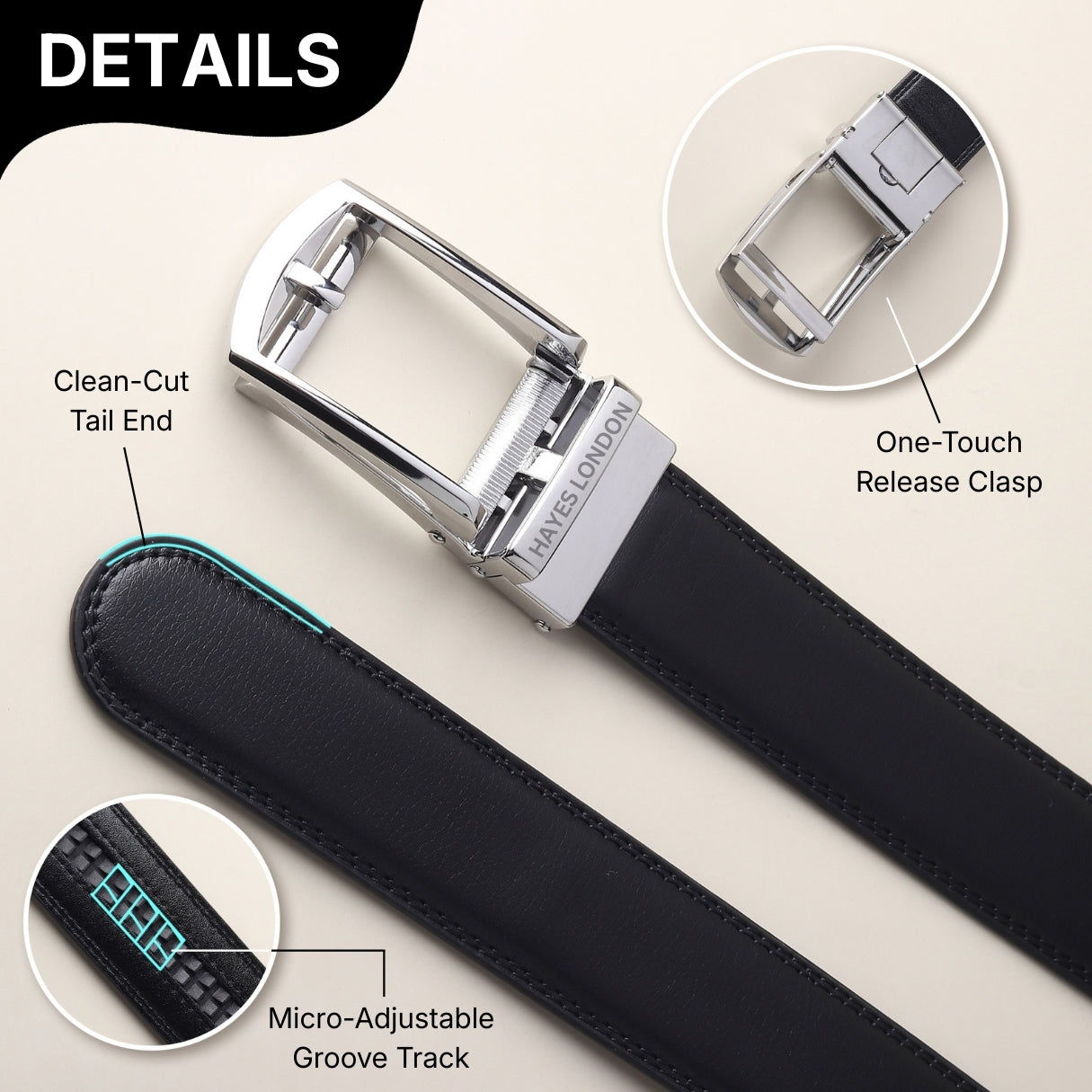 Hayes London | Vanguard Silver Auto-Lock No-Hole Genuine Leather Belt for Men – Micro-Adjustable Smart Ratchet Belt for Formal & Business Wear (Plain Black)