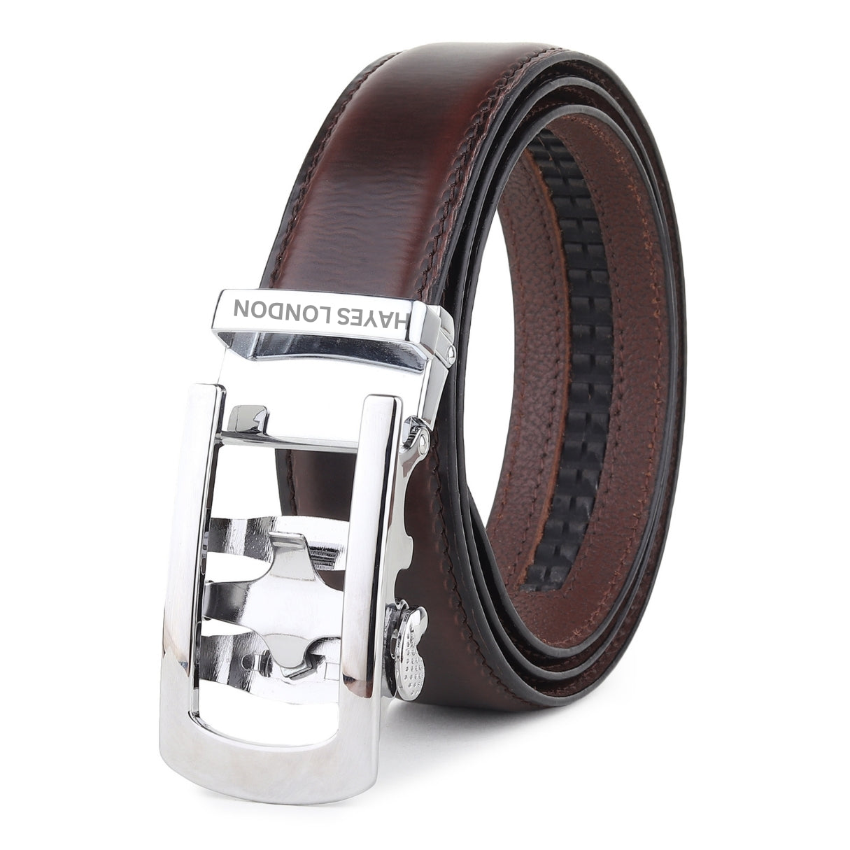 Hayes London | Auto-Lock Genuine Leather Brown Belt for Men | Premium Micro-Adjustable No-Hole Belt (Leather Texture: Plain)