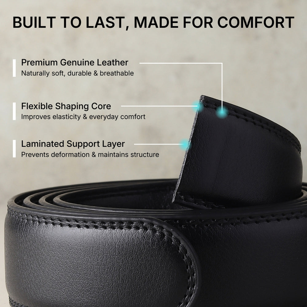 Hayes London | Vanguard Silver Auto-Lock No-Hole Genuine Leather Belt for Men – Micro-Adjustable Smart Ratchet Belt for Formal & Business Wear (Plain Black)