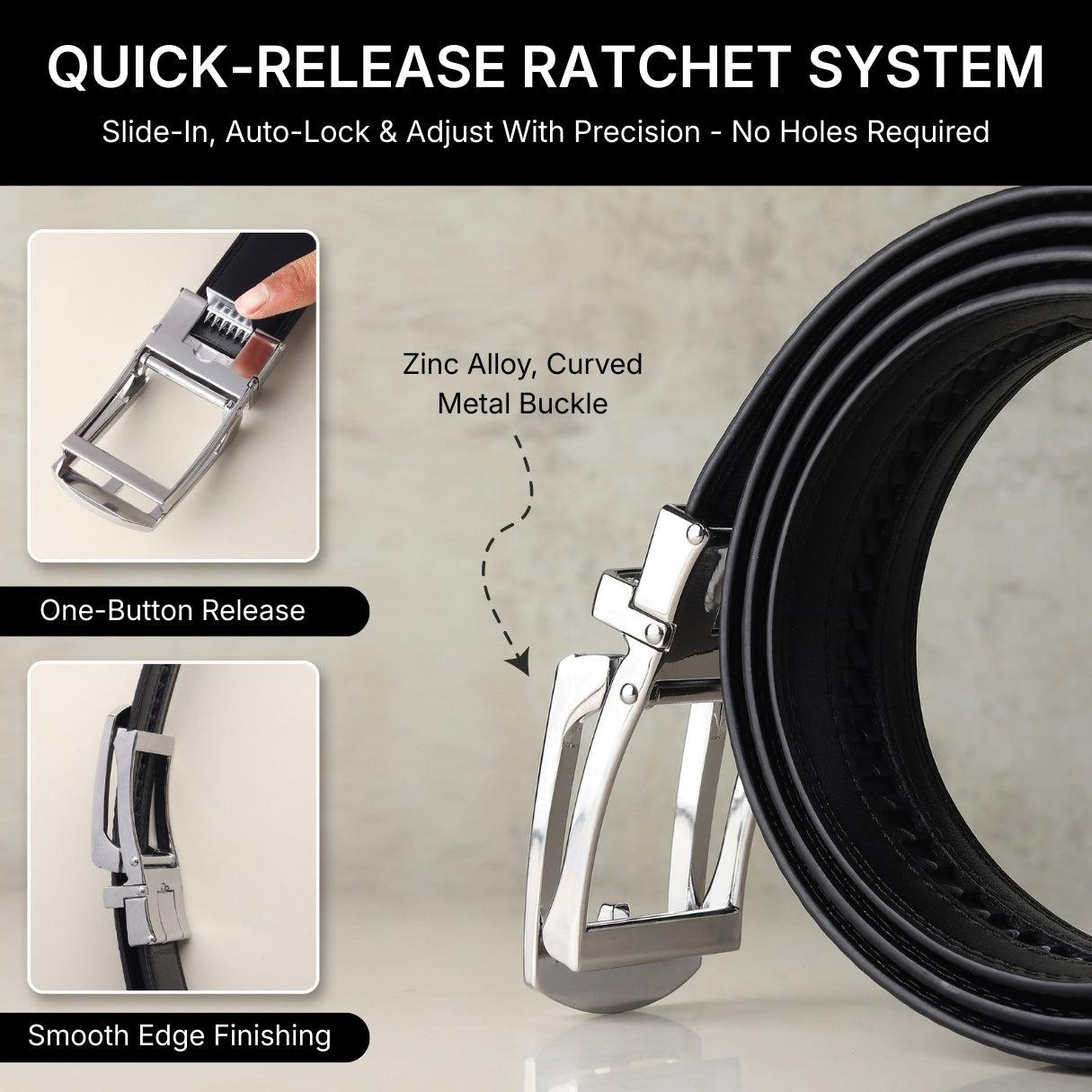 Hayes London | Vanguard Silver Auto-Lock No-Hole Genuine Leather Belt for Men – Micro-Adjustable Smart Ratchet Belt for Formal & Business Wear (Plain Black)