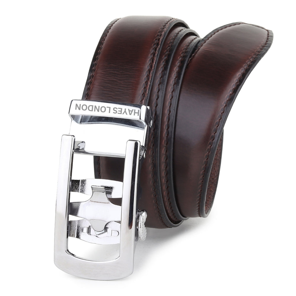 Hayes London | Auto-Lock Genuine Leather Brown Belt for Men | Premium Micro-Adjustable No-Hole Belt (Leather Texture: Plain)