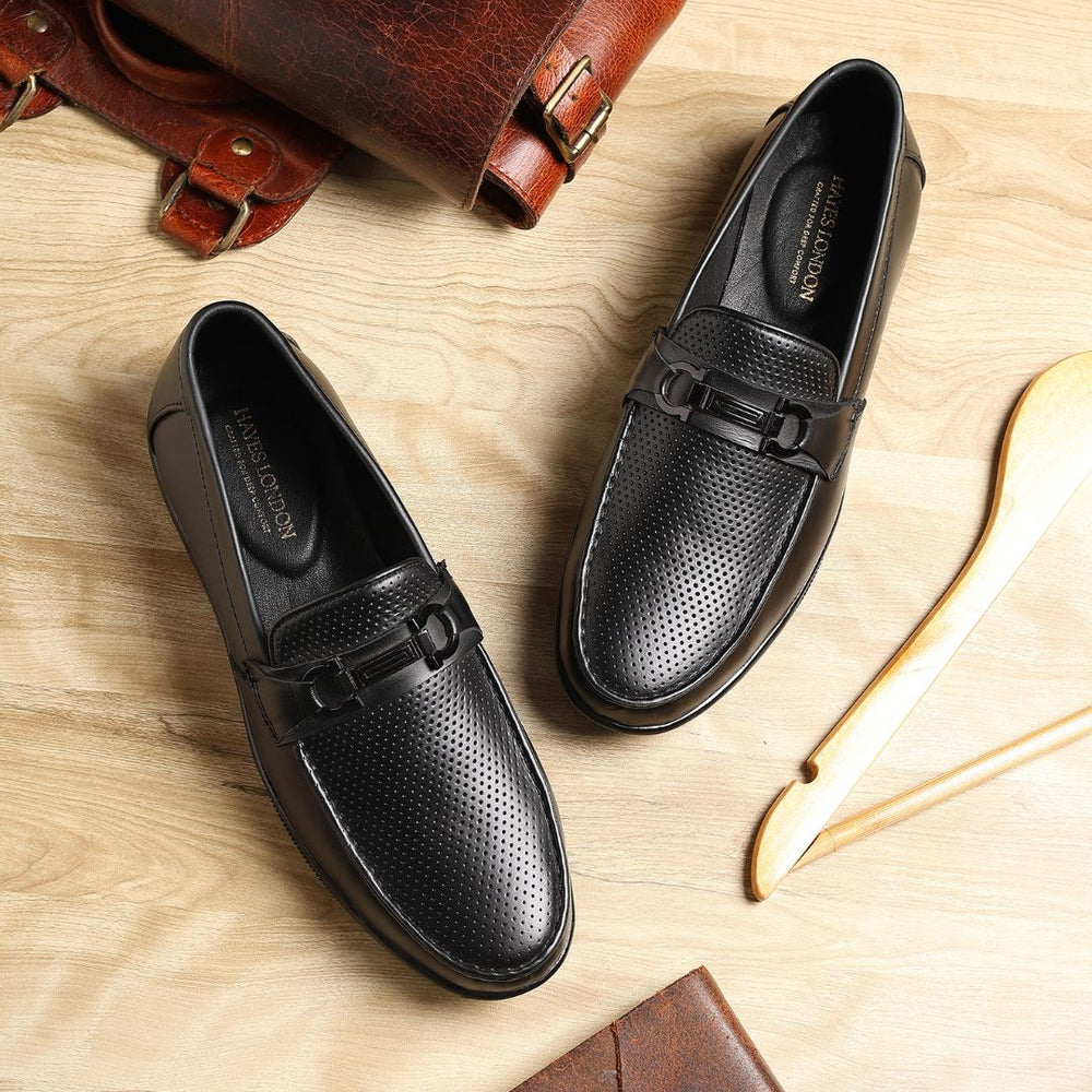 Hayes London | Dune Horsebit Loafers – Black Perforated Genuine Leather Men’s Shoes