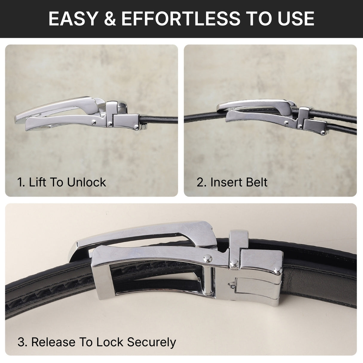 Hayes London | Vanguard Silver Auto-Lock No-Hole Genuine Leather Belt for Men – Micro-Adjustable Smart Ratchet Belt for Formal & Business Wear (Plain Black)