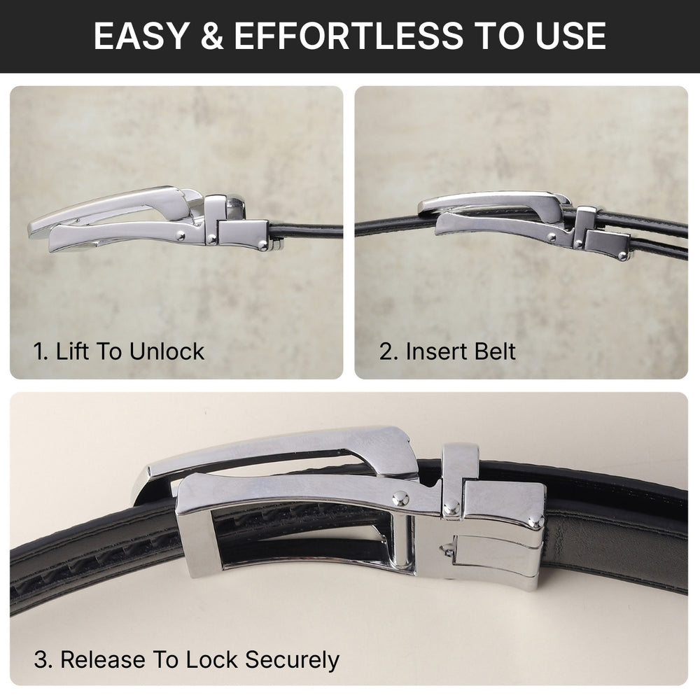 Hayes London | Vanguard Silver Auto-Lock No-Hole Genuine Leather Belt for Men – Micro-Adjustable Smart Ratchet Belt for Formal & Business Wear (Plain Black)