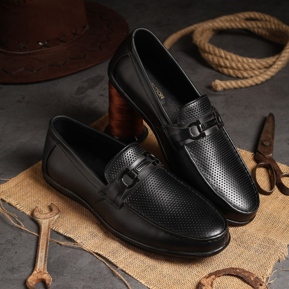 Hayes London | Dune Horsebit Loafers – Black Perforated Genuine Leather Men’s Shoes