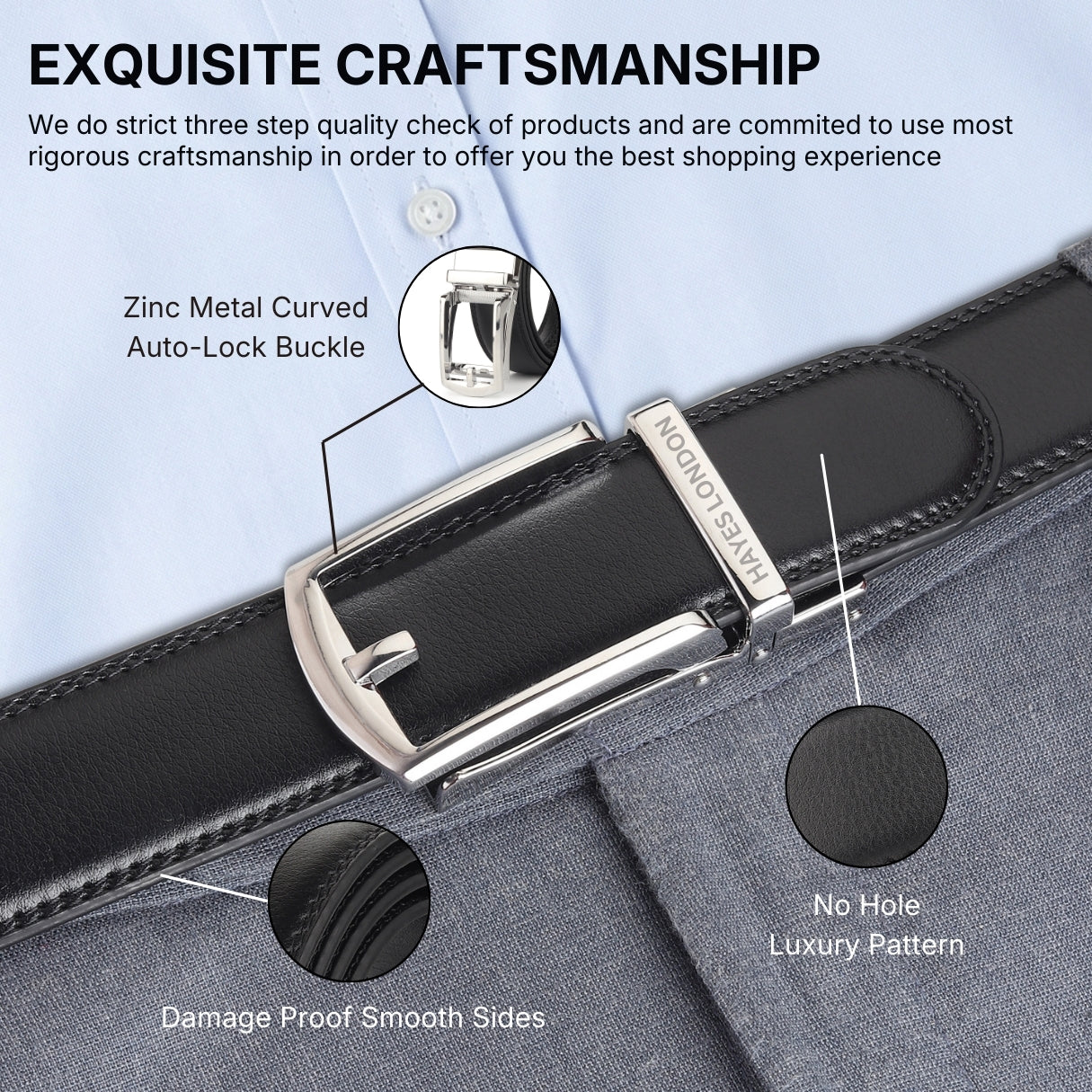 Hayes London | Vanguard Silver Auto-Lock No-Hole Genuine Leather Belt for Men – Micro-Adjustable Smart Ratchet Belt for Formal & Business Wear (Plain Black)