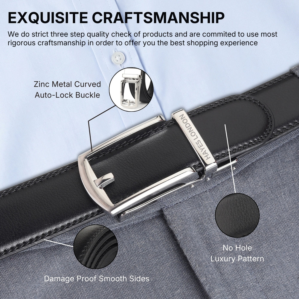 Hayes London | Vanguard Silver Auto-Lock No-Hole Genuine Leather Belt for Men – Micro-Adjustable Smart Ratchet Belt for Formal & Business Wear (Plain Black)
