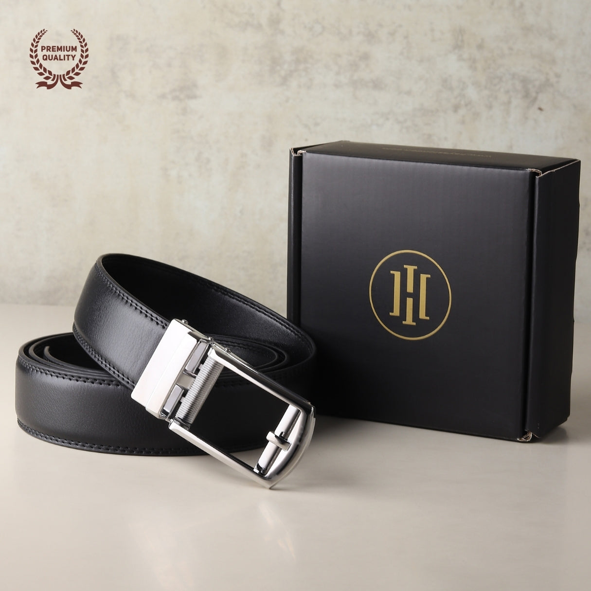 Hayes London | Vanguard Silver Auto-Lock No-Hole Genuine Leather Belt for Men – Micro-Adjustable Smart Ratchet Belt for Formal & Business Wear (Plain Black)