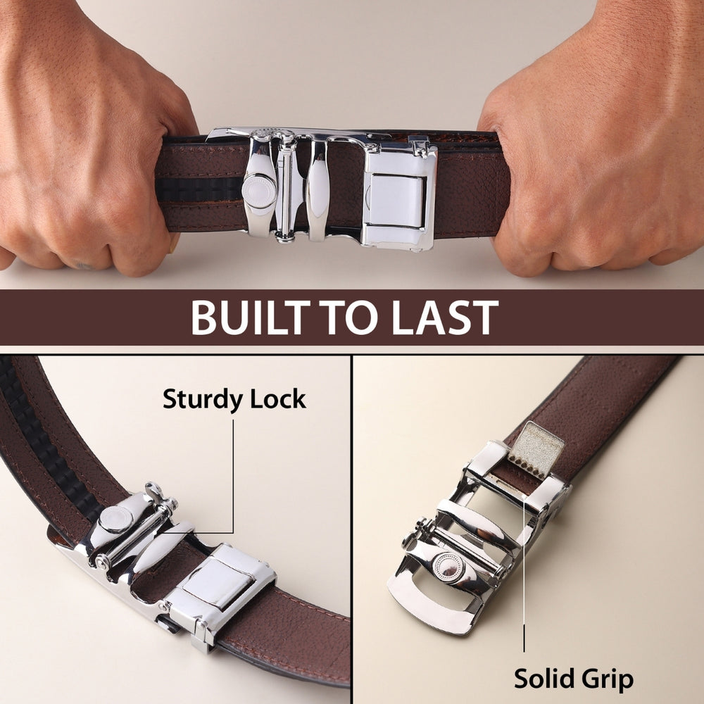 Hayes London | Auto-Lock Genuine Leather Brown Belt for Men | Premium Micro-Adjustable No-Hole Belt (Leather Texture: Plain)
