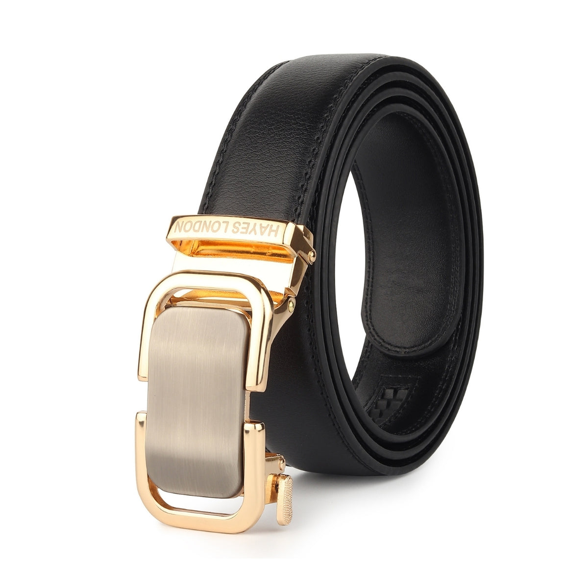 Hayes London | Vanguard Auto-Lock No-Hole Genuine Leather Belt for Men – Micro-Adjustable Smart Ratchet Belt for Formal & Business Wear (Plain Black with Gold Buckle)