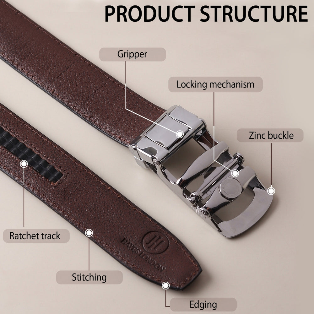 Hayes London | Auto-Lock Genuine Leather Brown Belt for Men | Premium Micro-Adjustable No-Hole Belt (Leather Texture: Plain)