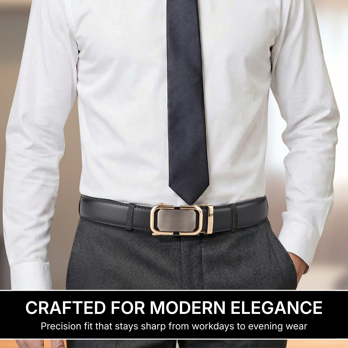 Hayes London | Vanguard Auto-Lock No-Hole Genuine Leather Belt for Men – Micro-Adjustable Smart Ratchet Belt for Formal & Business Wear (Plain Black with Gold Buckle)