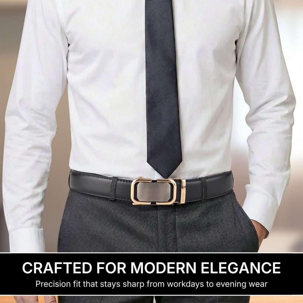 Hayes London | Vanguard Auto-Lock No-Hole Genuine Leather Belt for Men – Micro-Adjustable Smart Ratchet Belt for Formal & Business Wear (Plain Black with Gold Buckle)
