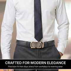 Hayes London | Vanguard Auto-Lock No-Hole Genuine Leather Belt for Men – Micro-Adjustable Smart Ratchet Belt for Formal & Business Wear (Plain Black with Gold Buckle)