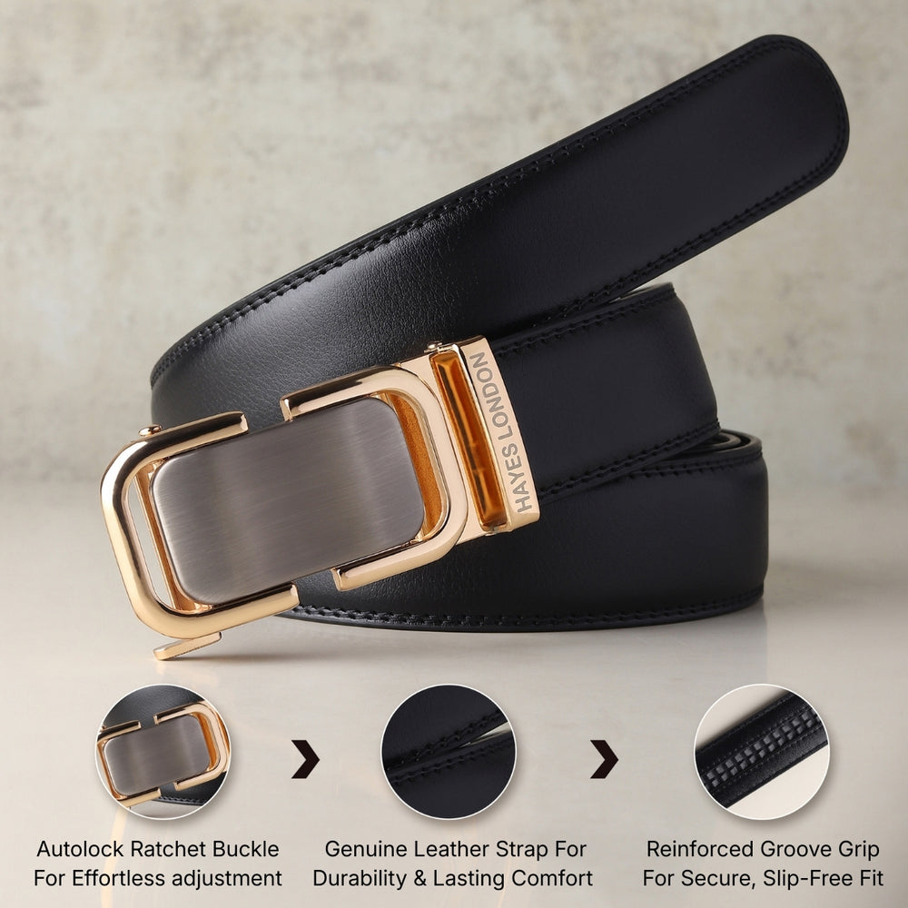 Hayes London | Vanguard Auto-Lock No-Hole Genuine Leather Belt for Men – Micro-Adjustable Smart Ratchet Belt for Formal & Business Wear (Plain Black with Gold Buckle)