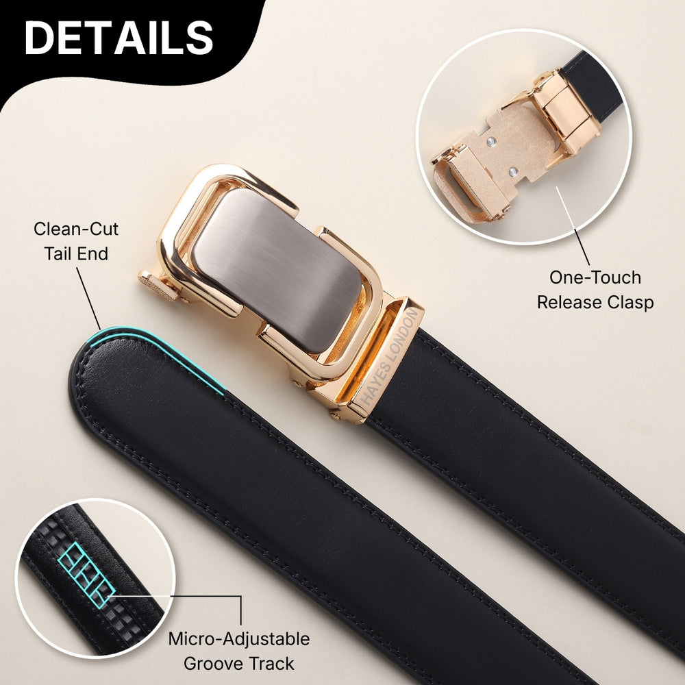 Hayes London | Vanguard Auto-Lock No-Hole Genuine Leather Belt for Men – Micro-Adjustable Smart Ratchet Belt for Formal & Business Wear (Plain Black with Gold Buckle)