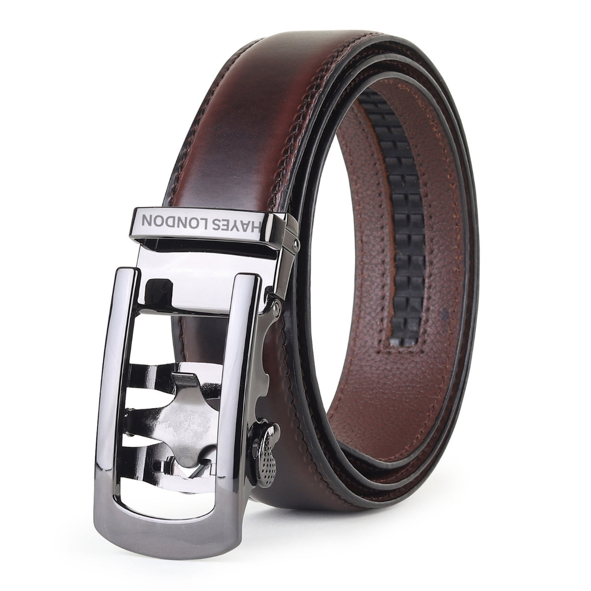 Hayes London | Auto-Lock Genuine Leather Brown Belt for Men | Premium Micro-Adjustable No-Hole Belt (Leather Texture: Plain)