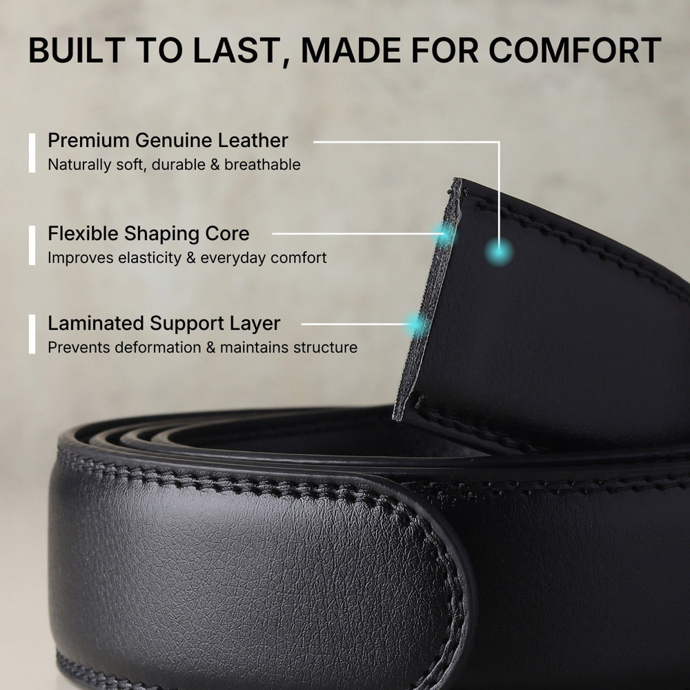 Hayes London | Vanguard Auto-Lock No-Hole Genuine Leather Belt for Men – Micro-Adjustable Smart Ratchet Belt for Formal & Business Wear (Plain Black with Gold Buckle)