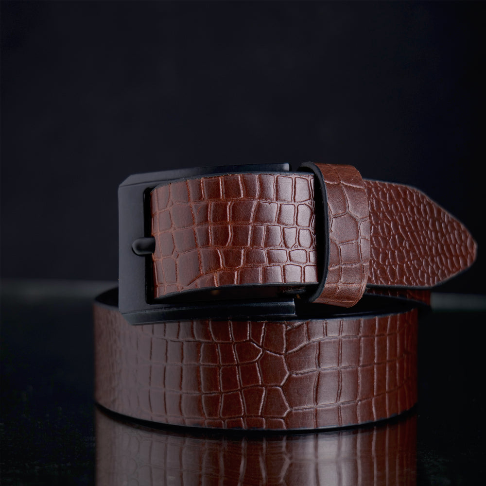 Hayes London | Brown Croco Pattern Genuine Leather Men's Belt (Leather Texture: Croco Pattern & Buckle Color: Black)