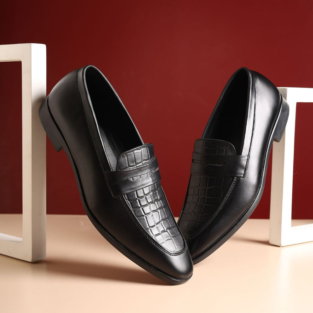 Hayes London | Milan Black Formal Penny Loafers for Men – Genuine Leather Croco Slip-On Shoes for Office & Party Wear