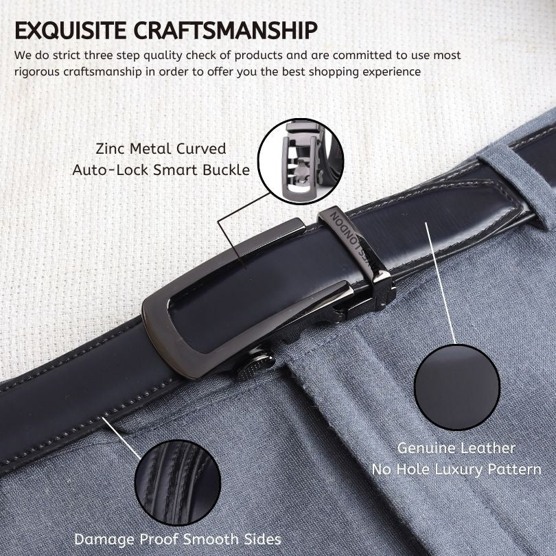 Hayes London | Auto-Lock Genuine Leather Black Belt for Men | Premium Micro-Adjustable No-Hole Belt (Leather Texture: Plain)