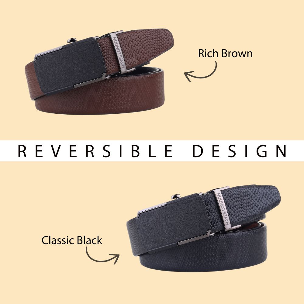 Hayes London | Italian Leather Reversible Black & Brown Auto-Lock Belt for Men, Micro-Adjustable No-Hole Belt (Leather Texture: Viper)